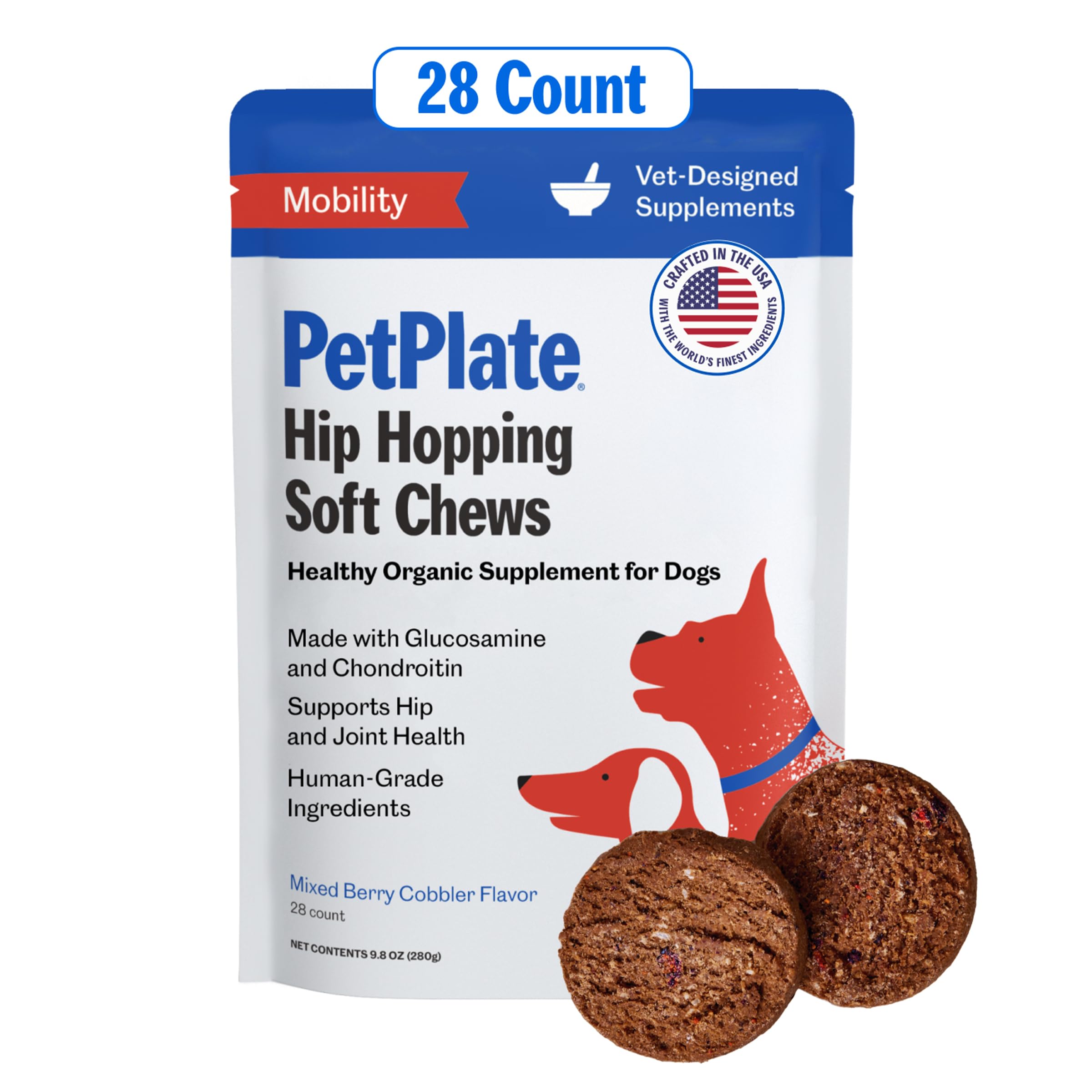 PetPlate Hip Hopping Soft Chews for Dogs, Hip and Joint Supplements, Organic and Human-Grade Ingredients, Mobility Support, Pet 
