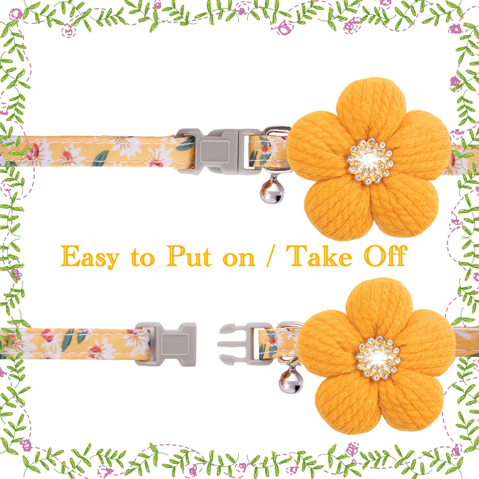 Small Dog Collar With Flower, Puppy Collar For Girl Dog Collars For Small Dogs Cute Dog Collar With Bell, Adjustable Length (Yel