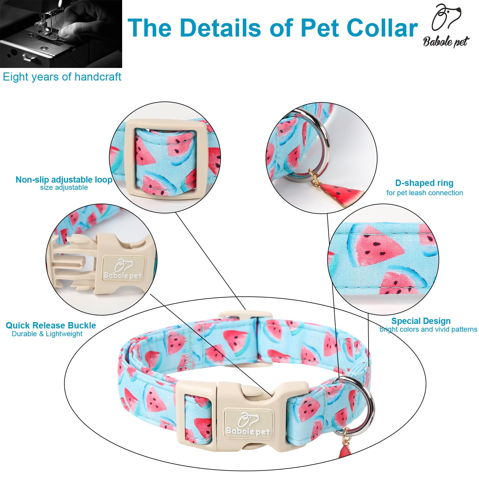 Babole Pet Adjustable Summer Dog Collar, Cute Watermelon Dog Collars For Small Dogs, Lightweight Quick-Release Buckle Collar For