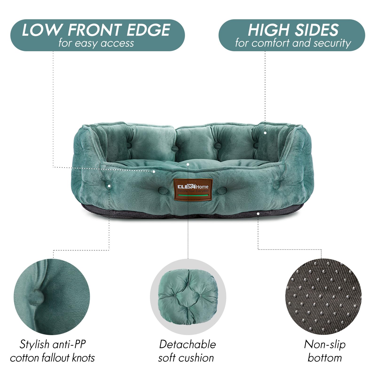 ClevaHome Cat Dog Bed - Round Indoor Bed for Small Pets, 20"L x 19"W, Washed Green, Machine Washable, Non-Slip Bottom, Model M-CBS-BHL