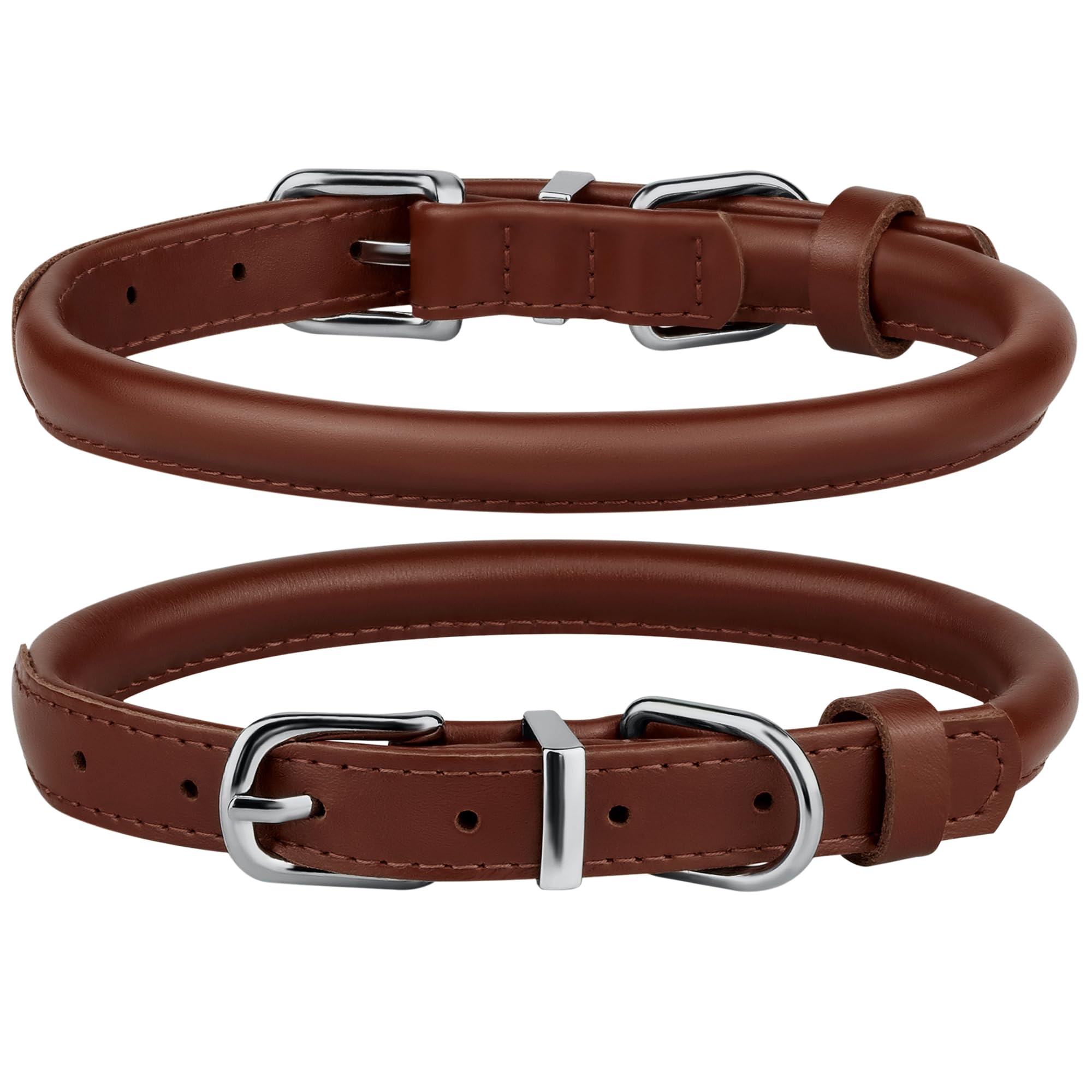 Bronzedog Rolled Leather Dog Collar For Small Medium Large Dogs With Qr Id Tag (M: 14-16 Inch, Chocolate Brown)