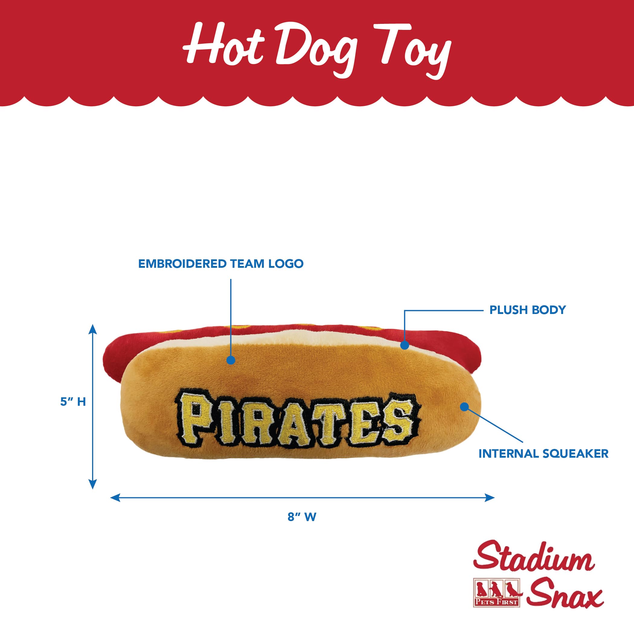 Pets First Mlb Pittsburgh Pirates Plush Dog Toys - Stadium Theme Snacks - Cutest Plush Hot-Dog Toy For Dogs & Cats With Inner Sq