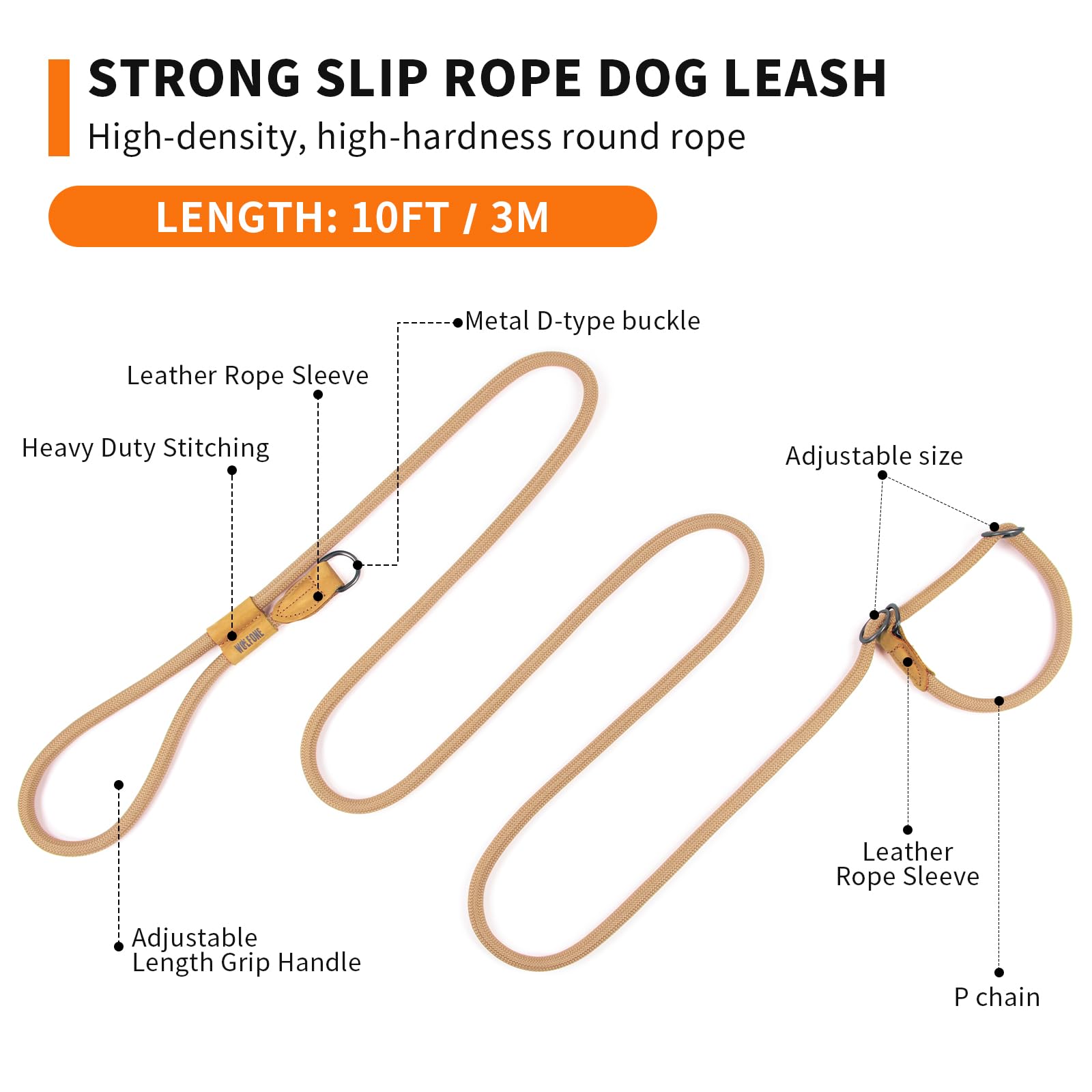 Wolfone Slip Lead Dog Leash - Heavy Duty 3m Sand Rope Leash with Adjustable Loop & Hands-Free Handle for Training Active Dogs