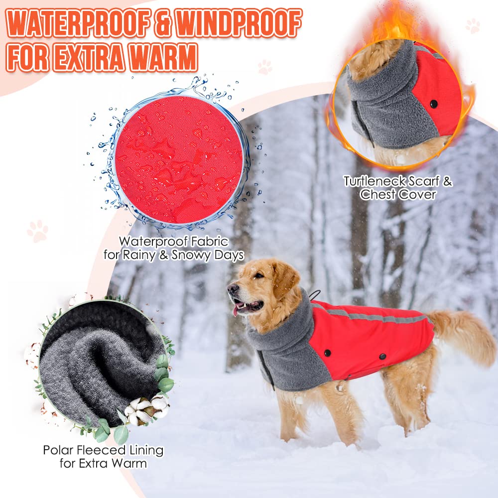 Slowton Winter Dog Coat, Warm Polar Fleece Lining Doggie Outdoor Jacket With Turtleneck Scarf Reflective Stripe Adjustable Water