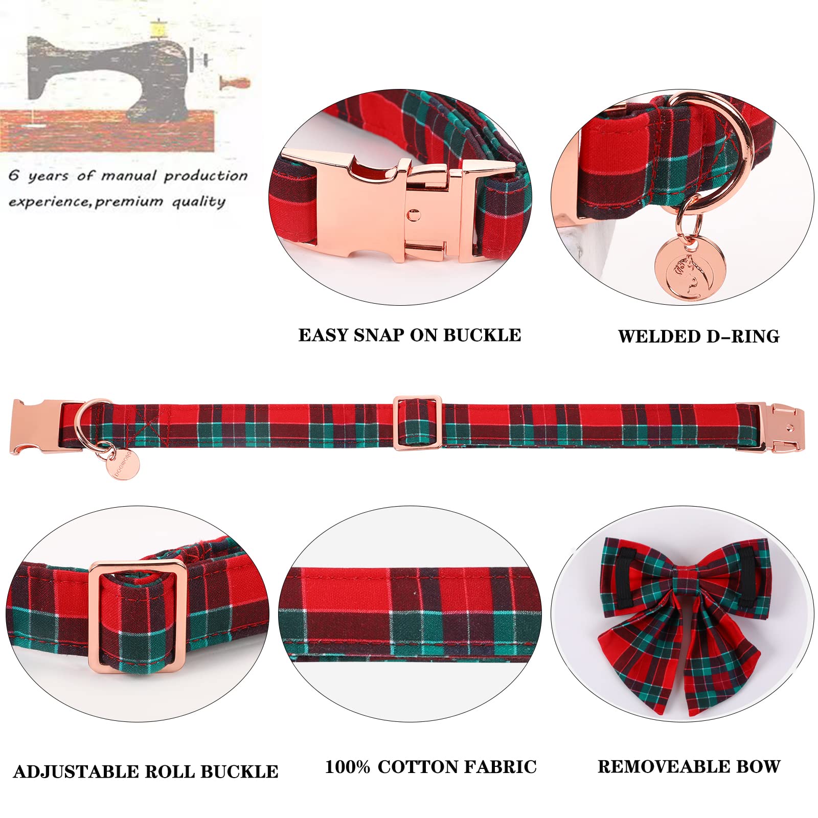 Dogwong Christmas Dog Collar With Sailor Bow Tie, Red Plaid Dog Collar Soft Durable Adjustable Cotton Red Green Tartan Puppy Col