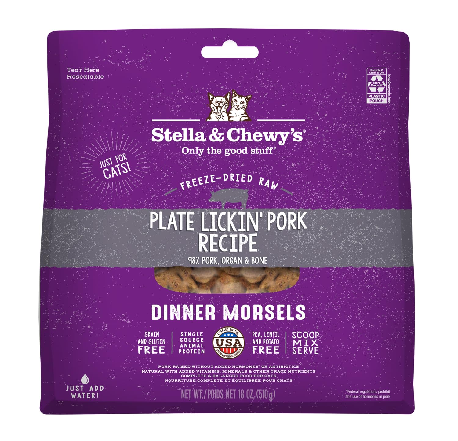 Stella & Chewys Freeze-Dried Raw Cat Dinner Morsels - Grain Free, Protein Rich Cat & Kitten Food - Plate Lickin Pork Recipe -
