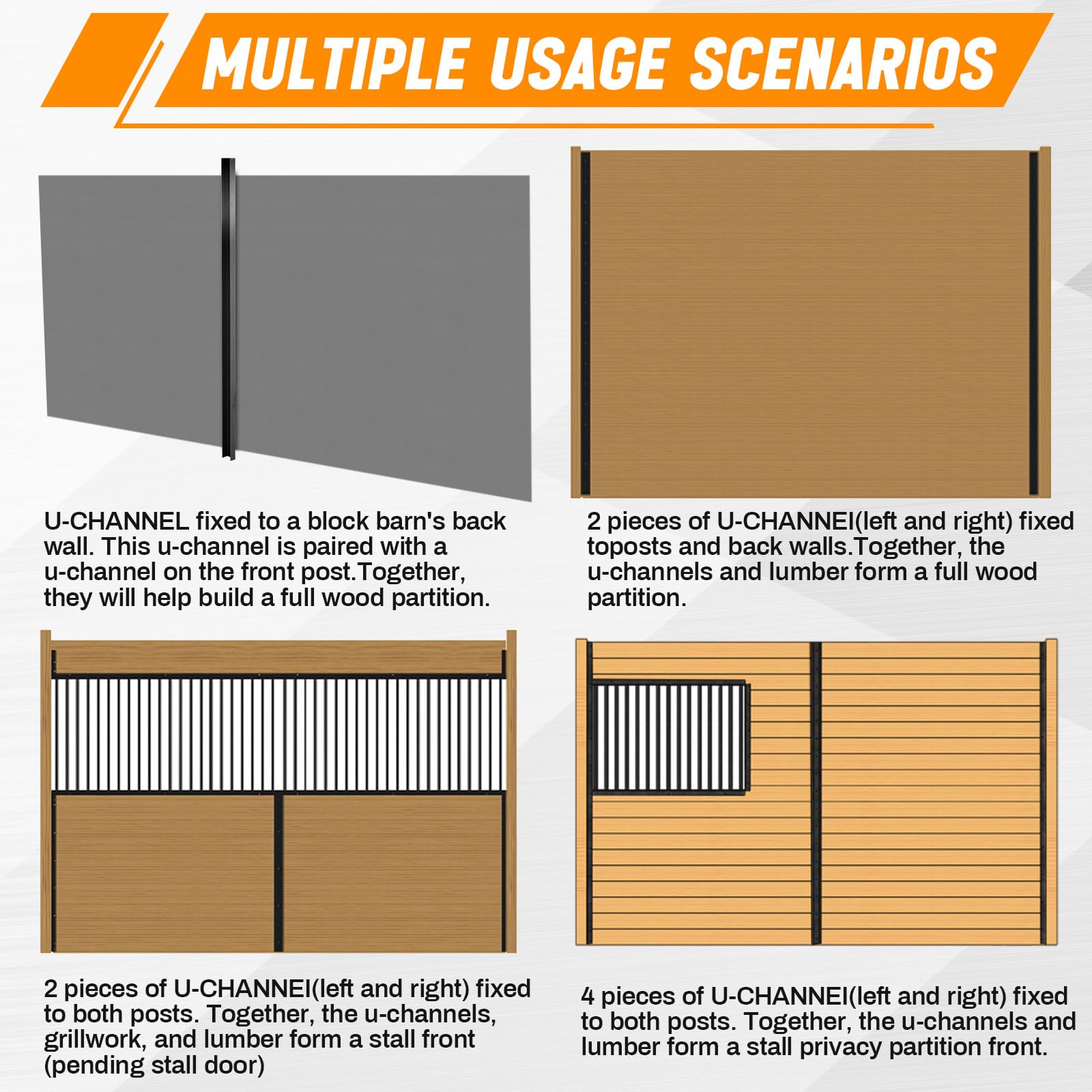 Yaocom 12 Pack 42 Inch Horse Stall Wall Channels Galvanized Steel Easy Installation Horse Stall Chew Guards Wood Protector with