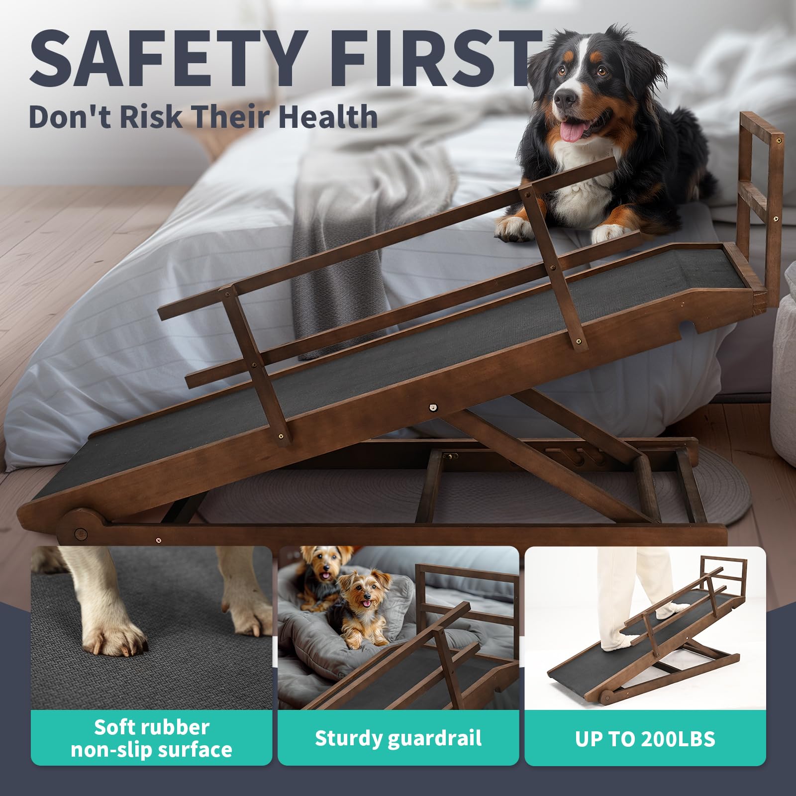 Dog Ramp, 5 Level Adjustable Height Folding Pet Ramp For High Bed, Portable Paw Ramps Large Bed Ramp For Medium & Large Old Dogs