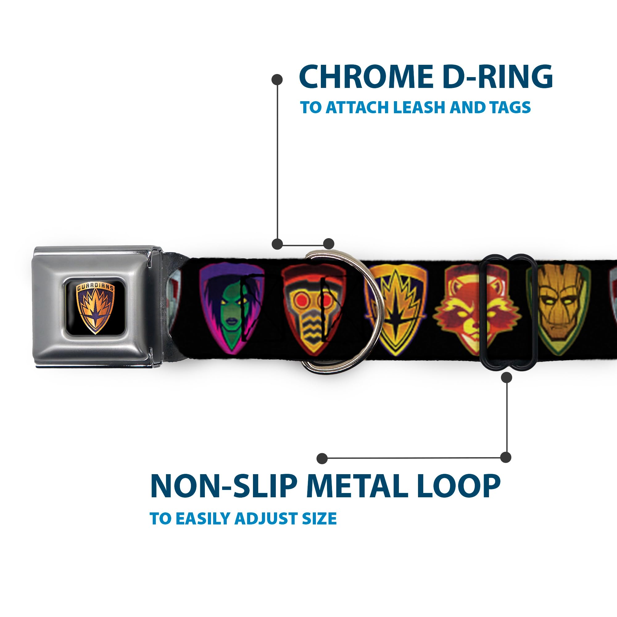 Buckle-Down Dc-Wmc111-L Seatbelt Dog Collar, Large, Guardians Of The Galaxy Badge/5-Character Icons Black/Multi Color, 1' Wide