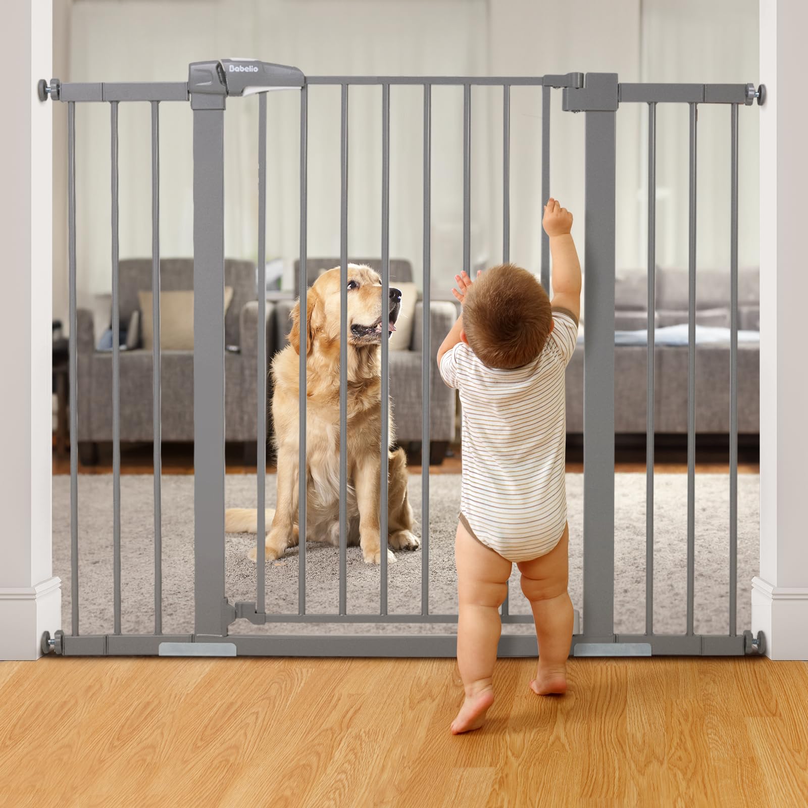 Babelio 36 Inch Tall Metal Baby Gate, 29-48' Auto Close Pressure Mounted Dog Gate For Stairs、Doorways & Hallway, Protector Basics Easy Walk Thru Pet Gate, Child Gate With 4*Wall Cups,Gray