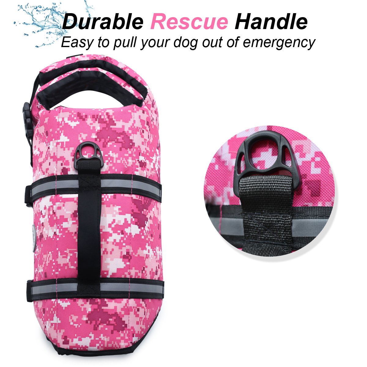 Vivaglory Ripstop Dog Life Jacket For Boating, Dog Lifejackets Swimming Vest Enhanced Visibility Buoyancy Safety, Camo Pink, S