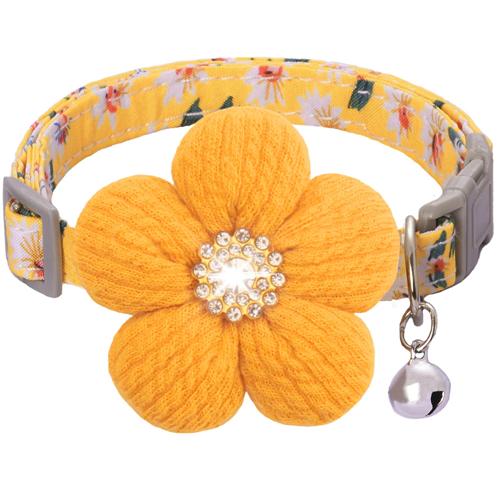 Small Dog Collar With Flower, Puppy Collar For Girl Dog Collars For Small Dogs Cute Dog Collar With Bell, Adjustable Length (Yel