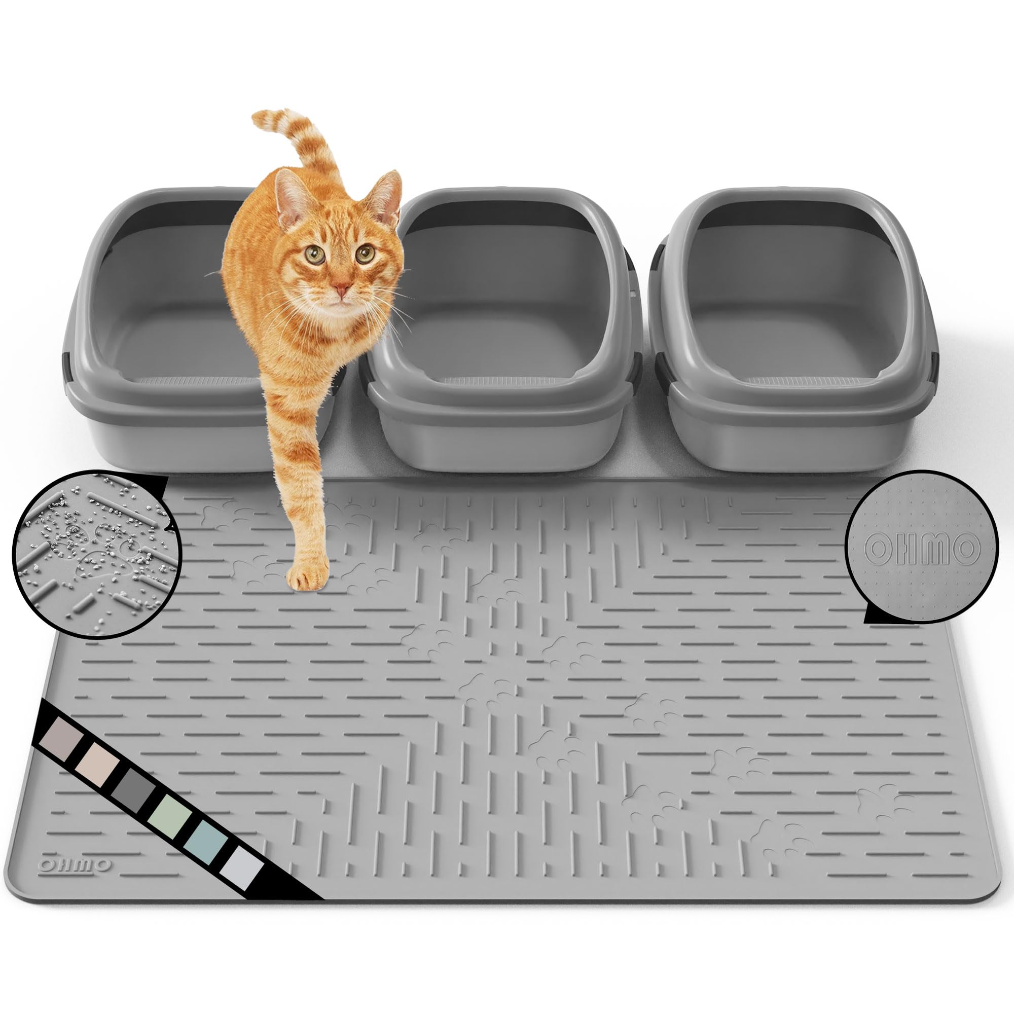 OHMO Cat Litter Mat XXL Trapping Mat Premium Silicone Rubber 37.5x25.2 Grey, Waterproof and BPA Free Kitty Litter Box Mat, Easy 