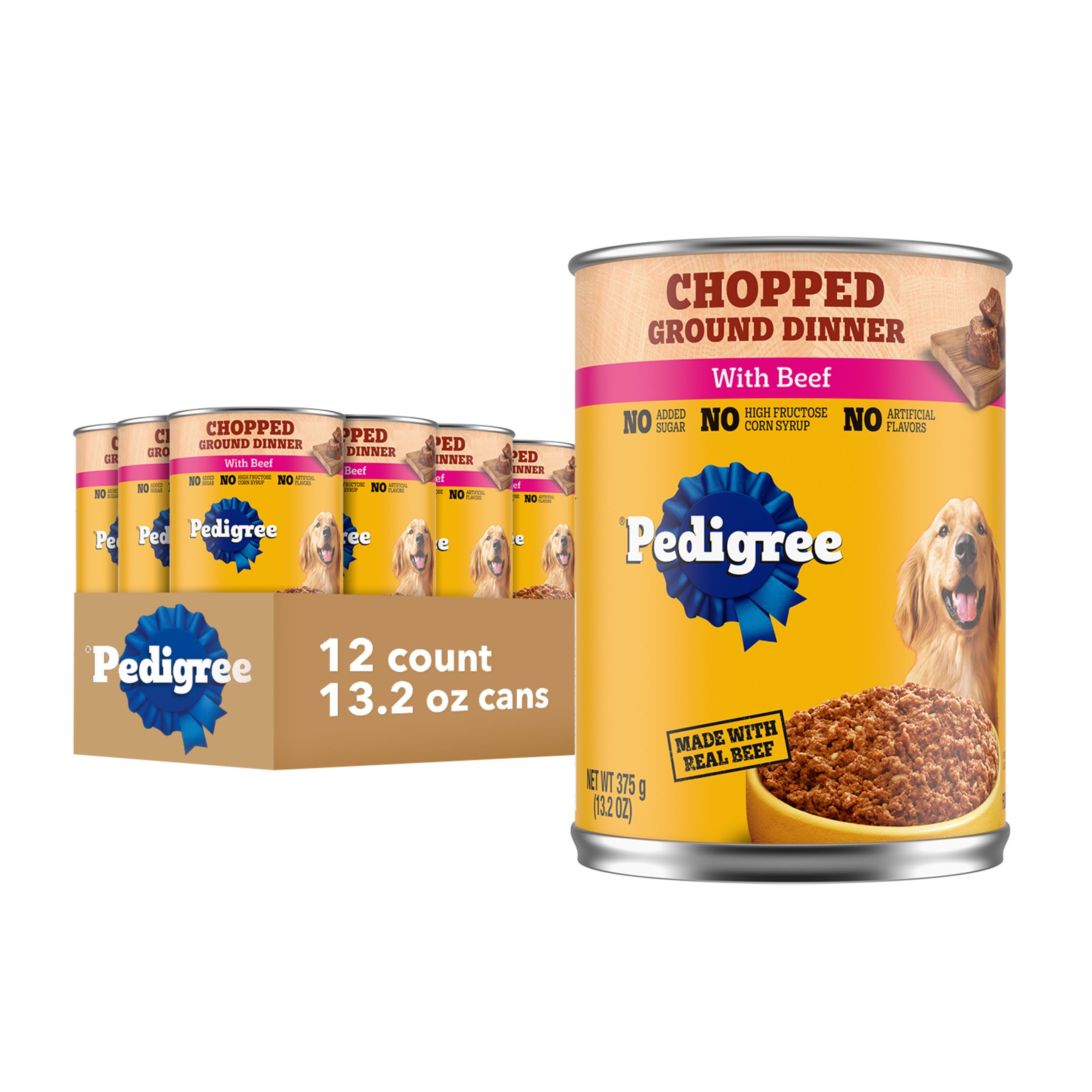 Pedigree Chopped Ground Dinner Adult Canned Soft Wet Dog Food With Beef, 13.2 oz. Cans (12 Count, Pack of 1)
