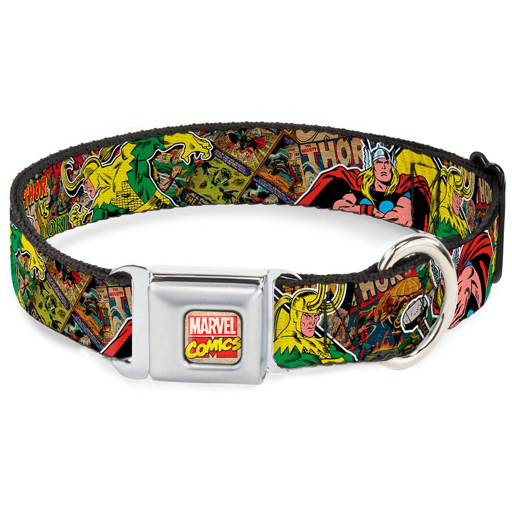 Buckle-Down Seatbelt Buckle Dog Collar - Thor & Loki Poses/Retro Comic Books Stacked - 1.5' Wide - Fits 13-18' Neck - Small