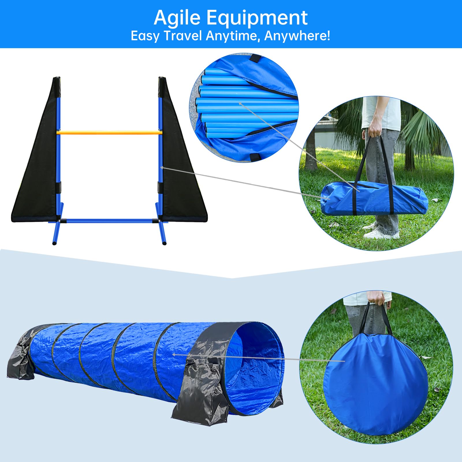 JOPAVO Dog Agility Course Set - 2x10ft Tunnels, Hurdles, Jump Ring, Weave Pole, Pause Box - Easy Setup, Blue, Model JO077