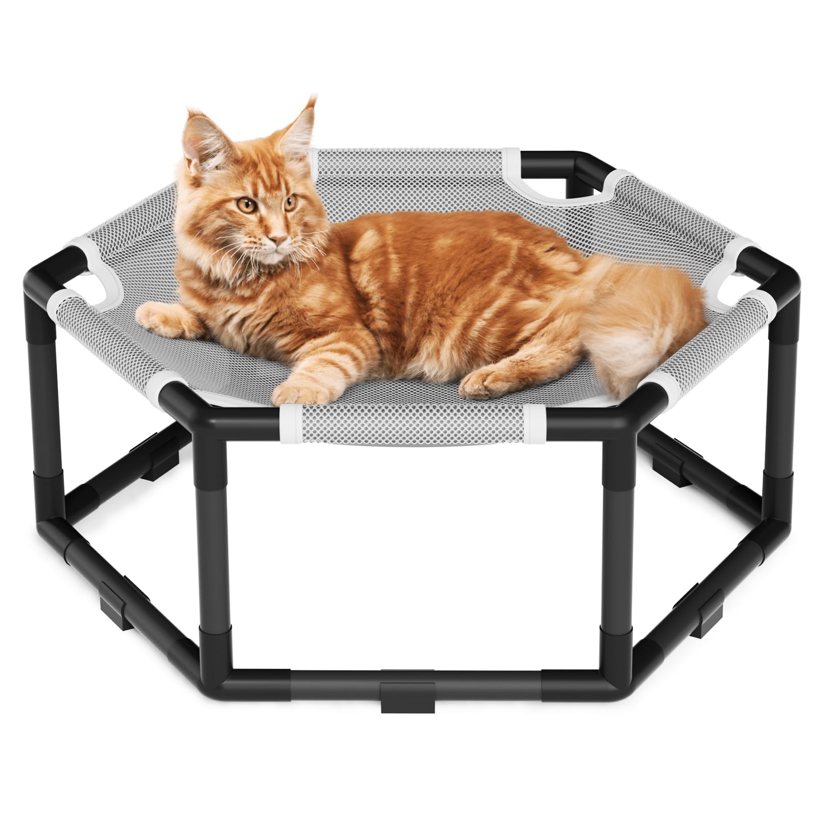 Tresbro Elevated Cat Hammock Bed, Hexagon Raised Cat Swing Bed for Indoor and Outdoor Use with Breathable Fabric & Anti-Slip Blo