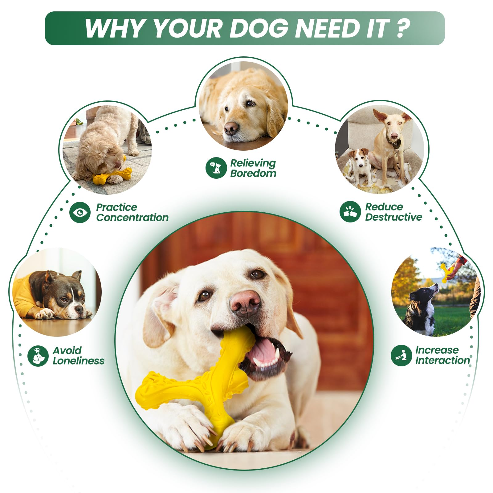 CVALIN Indestructible Dog Chew Toy for Large Breeds, Durable Rubber Bone, Yellow