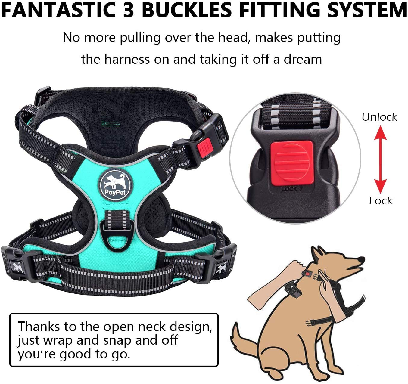 Poypet No Pull Dog Harness, No Choke Front Clip Dog Reflective Harness, Adjustable Soft Padded Pet Vest With Easy Control Handle For Small To Large Dogs(Mint Blue,M)