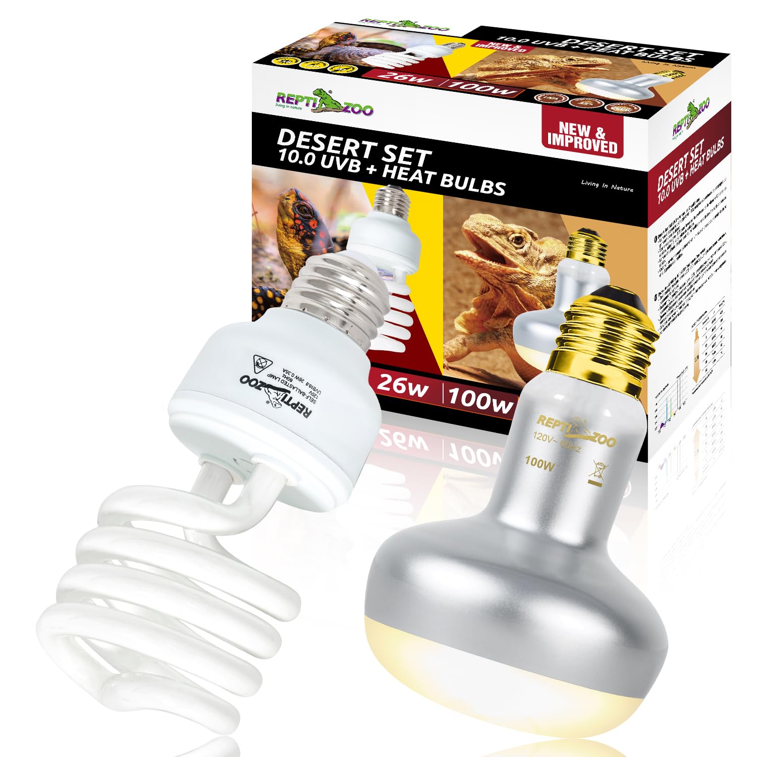 Reptizoo Reptile Heat Lamp Bulb And Uvb 10.0 Reptile Light Combo Pack, 100W Intense Basking Spot Light Uva Heat Lamp Bulb, 26W E