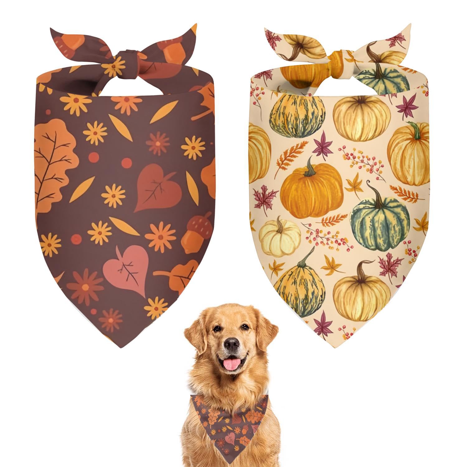 Cute Fall Dog Bandanas 2 Pack, Autumn Hello Fall Hey Pumpkin Maple Leaves Dog Scarf, Thanksgiving Handkerchief Scarves Gifts For