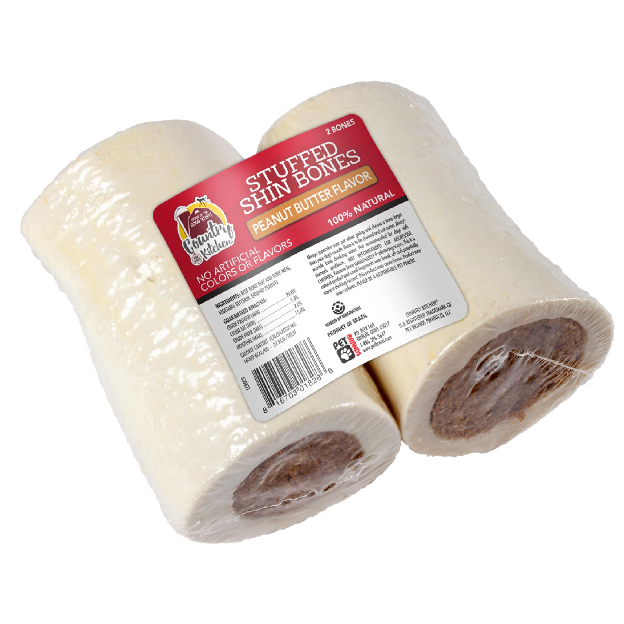 Country Kitchen Stuffed Shin Bone Peanut Butter Flavor Dog Treat, 100% Natural, Long Lasting, 2 Small Bones, 3-4 Inches