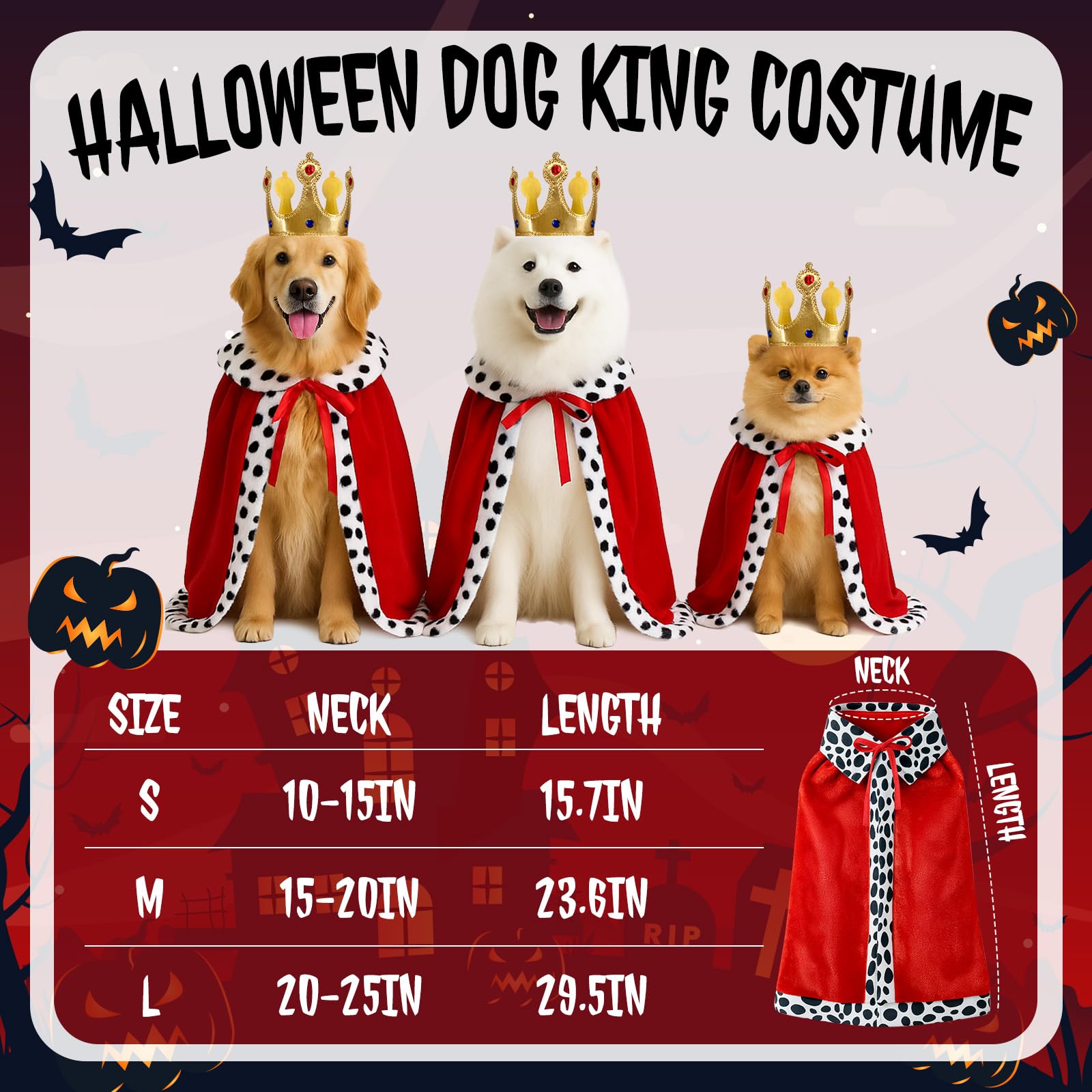 Talltalk 2 Pcs Halloween Dog King Costume, Pet Cloak Cape Puppy Velvet Robe and Gold Crown Set Royal Clothes Pet Queen Prince Pr