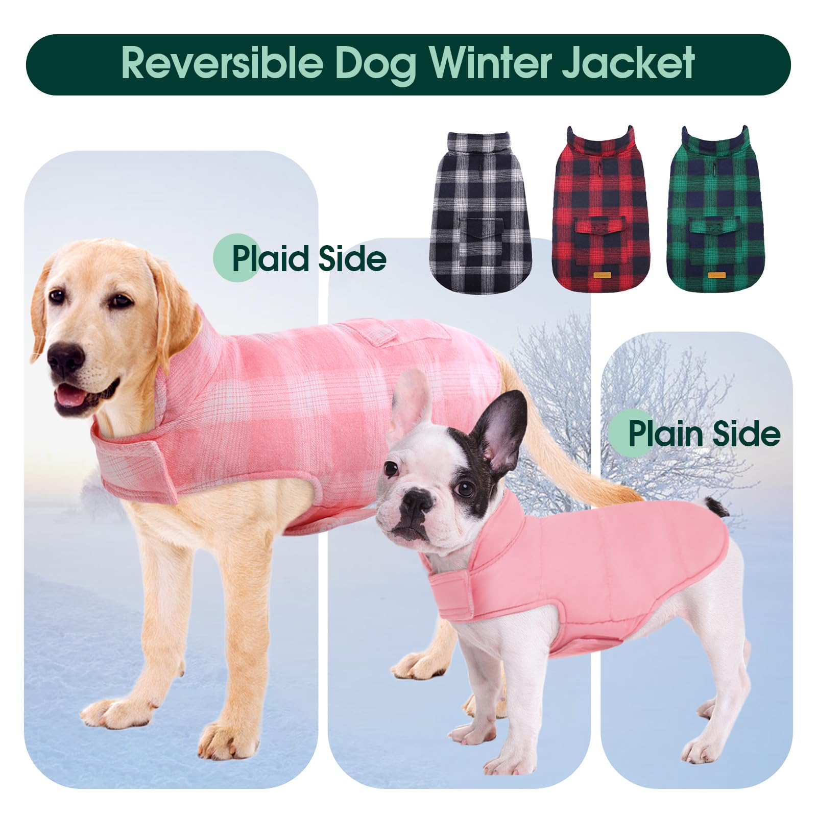 Kuoser Reversible Dog Jacket, Warm Winter Coat, British Style Puppy Coat, Windproof Dog Clothes Vest For Small, Medium & Large D