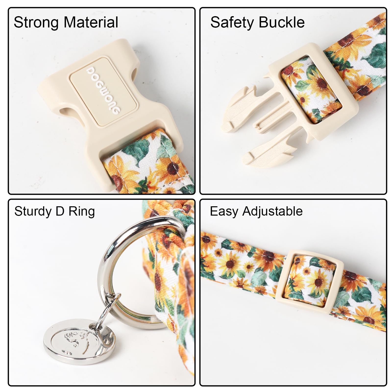 Dogwong Female Cotton Dog Collar - Sunflower Design, Durable Soft Natural Fabric Spring Collar For Small, Medium & Large Dogs