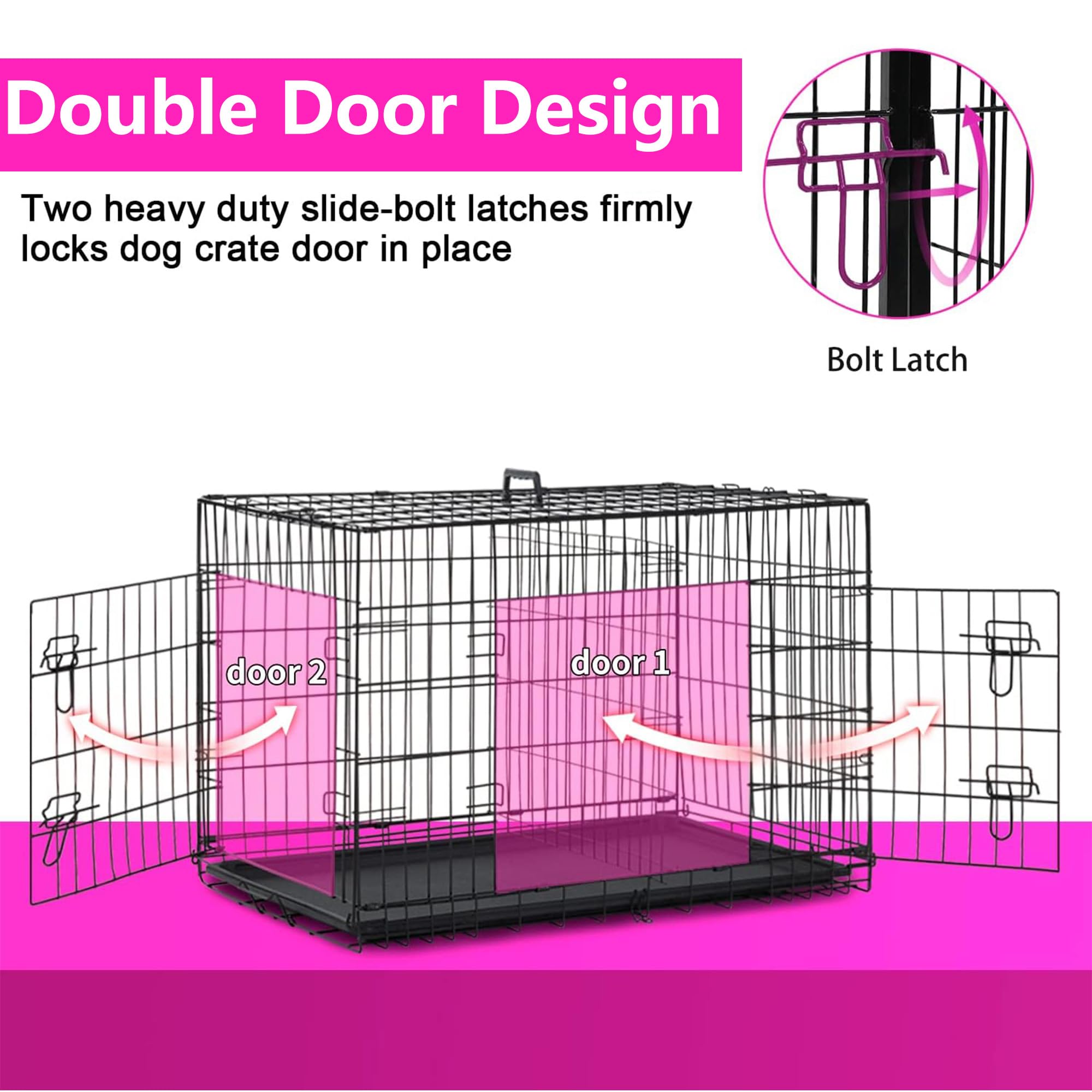 FDW Dog Crate for Large Dogs, 48 Inch Folding Metal Wire Cage, Double Door, Black, with Divider Panel and Leak-Proof Tray