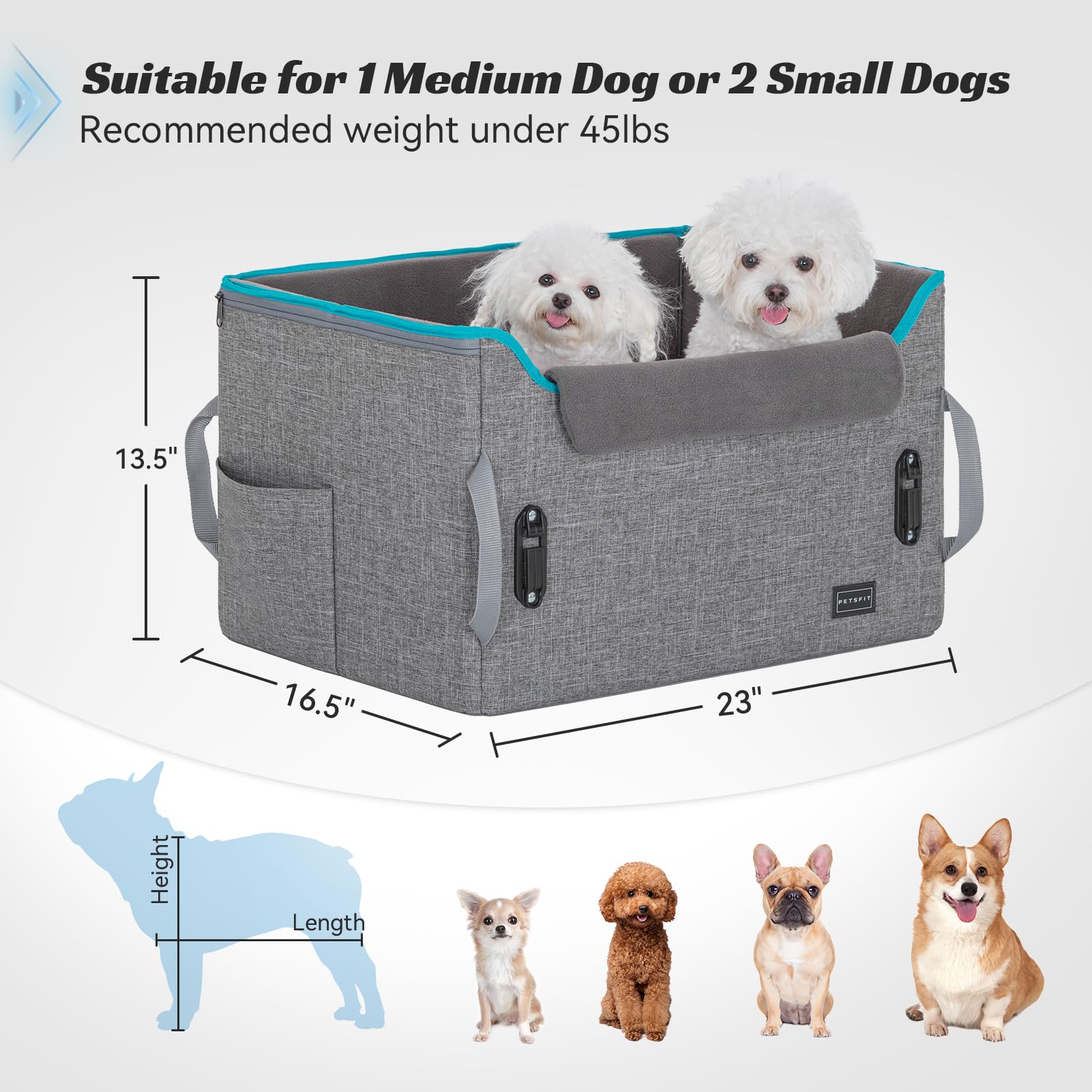 Petsfit Dog Booster Car Seat For Small/Medium Dogs, Dog Car Seat For Medium Sized Dog With 2 Clip-On Safety Leashes And Patented Buckles, Pet Car Seat With Storage Pockets For Pets Under 45Lbs (Grey)
