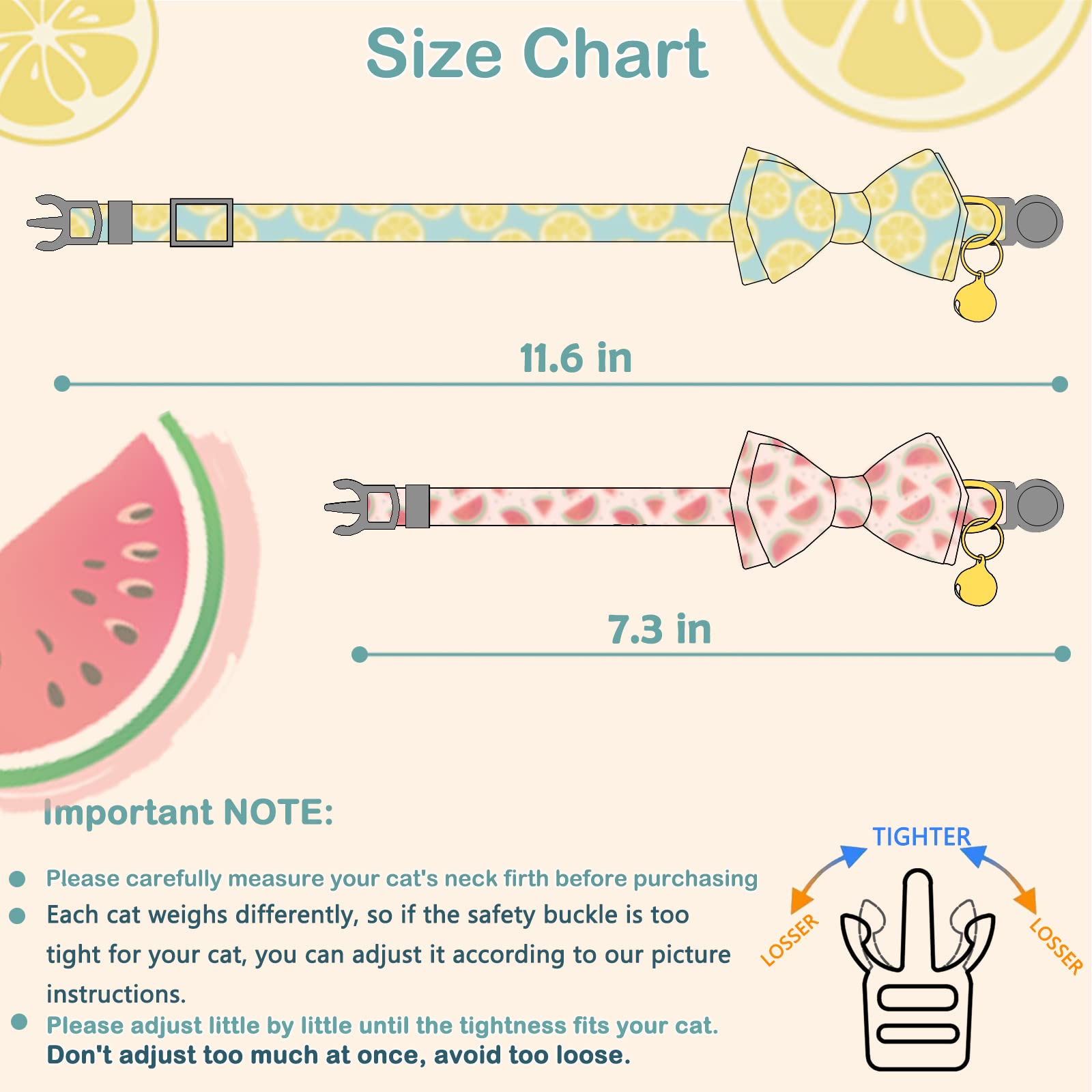 Faygarsle 2 Pack Cute Cat Collar With Bell Breakaway Bowtie Cat Collar For Male Female Cats Soft Fancy Pink Yellow Cat Collar Watermelon Lemon Pattern Spring Summer Cat Collar For Boy Girl Cats