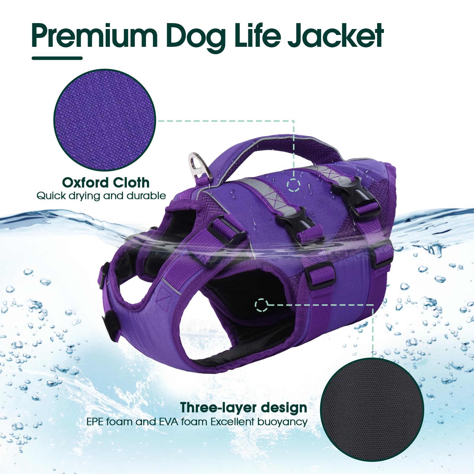 Kuoser Dog Life Jacket - High Flotation Vest for Swimming, Large Size, Purple, Durable Ripstop Oxford & Nylon, Reflective Safety Handle