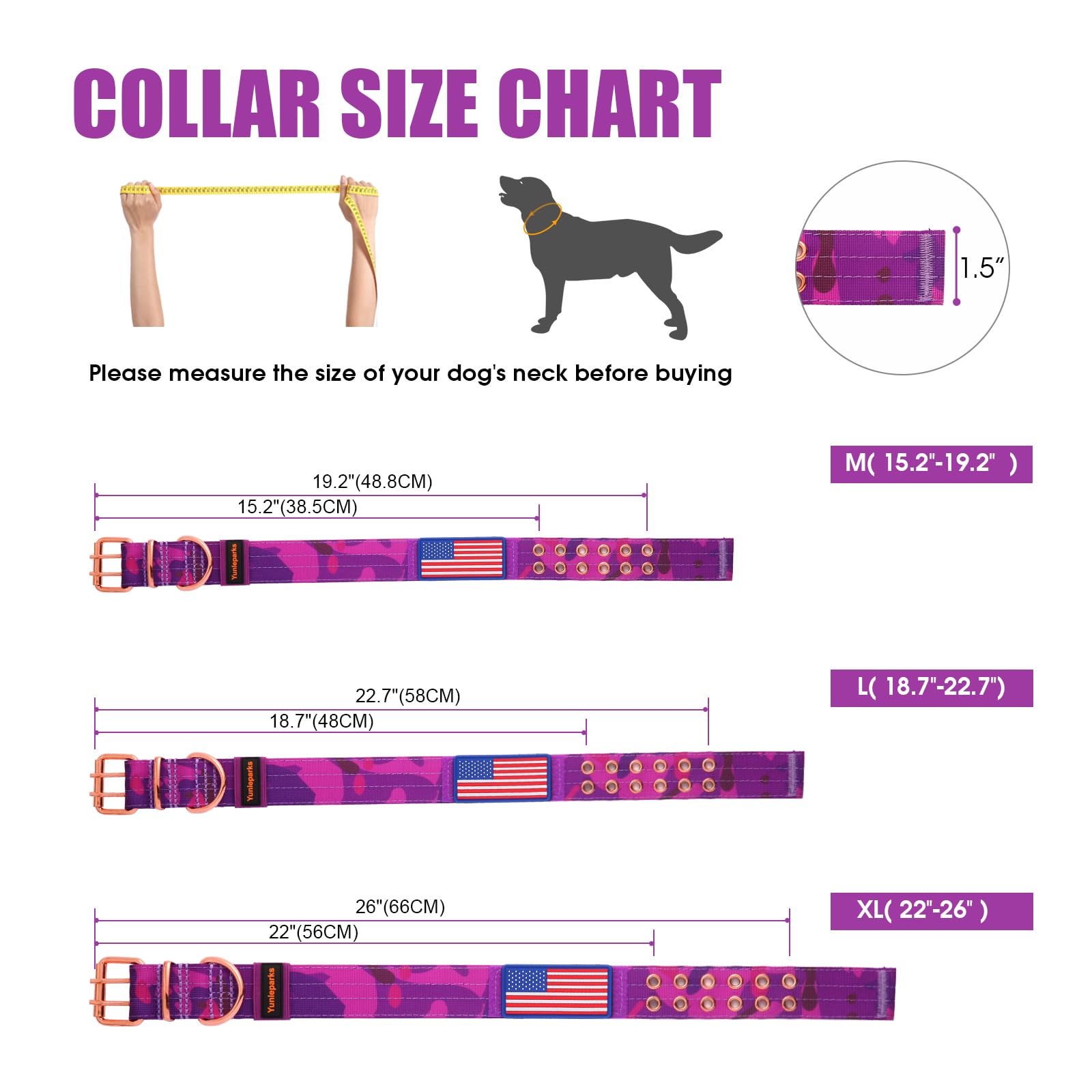 Yunleparks Heavy Duty Tactical Dog Collar With Neoprene Padded And Metal Buckle, Reflective Nylon For Medium To Large Dogs(Purpl