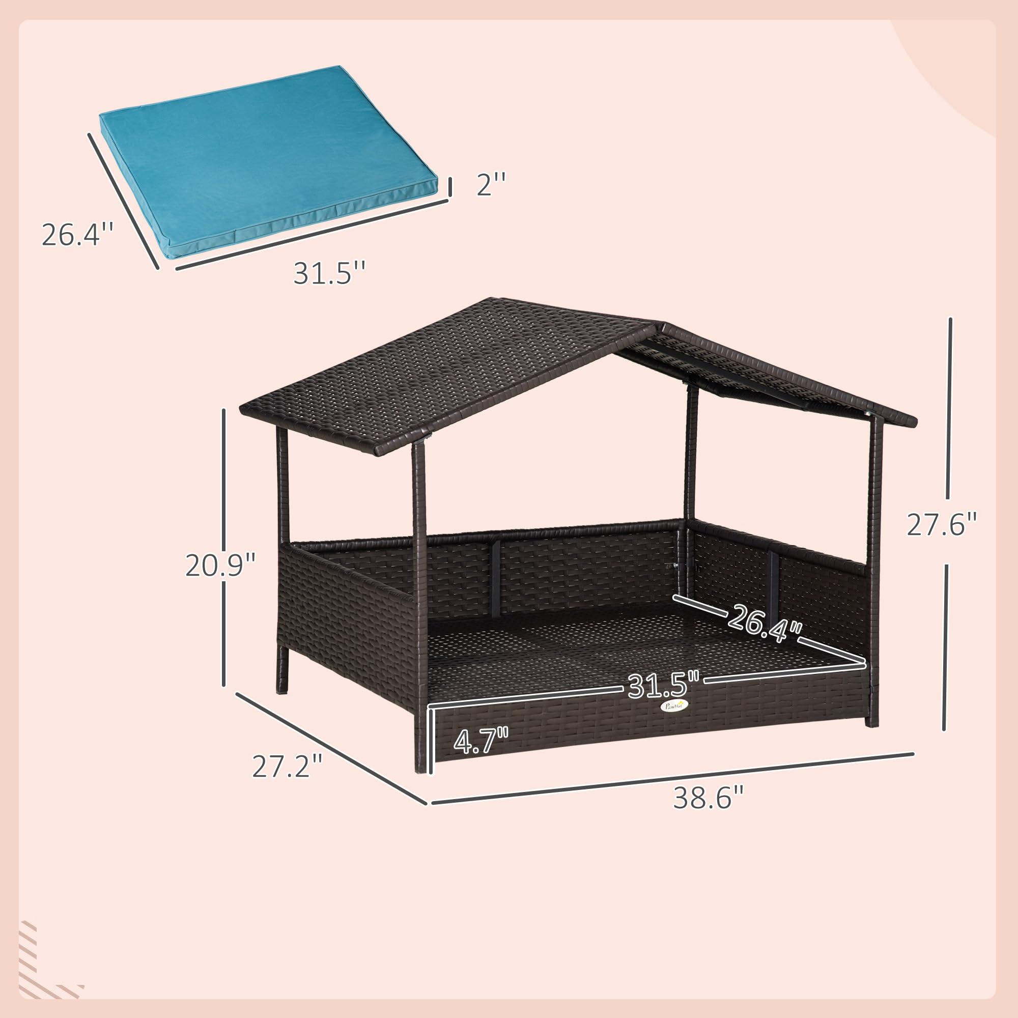 PawHut Wicker Dog House Elevated Raised Rattan Bed for Indoor/Outdoor with Removable Cushion Lounge, Blue