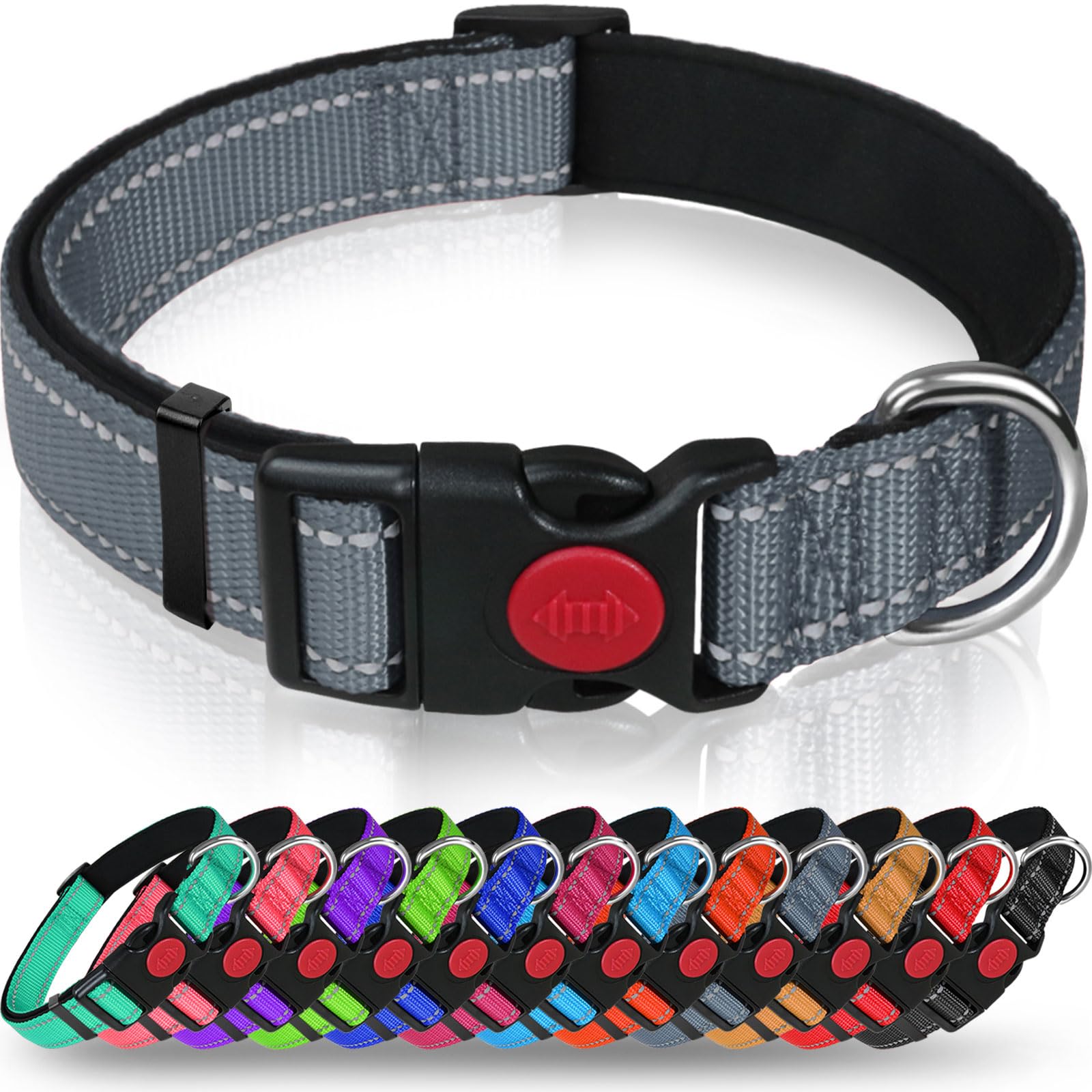 Taglory Reflective Dog Collar With Safety Locking Buckle, Adjustable Nylon Pet Collars For Medium Dogs, Grey