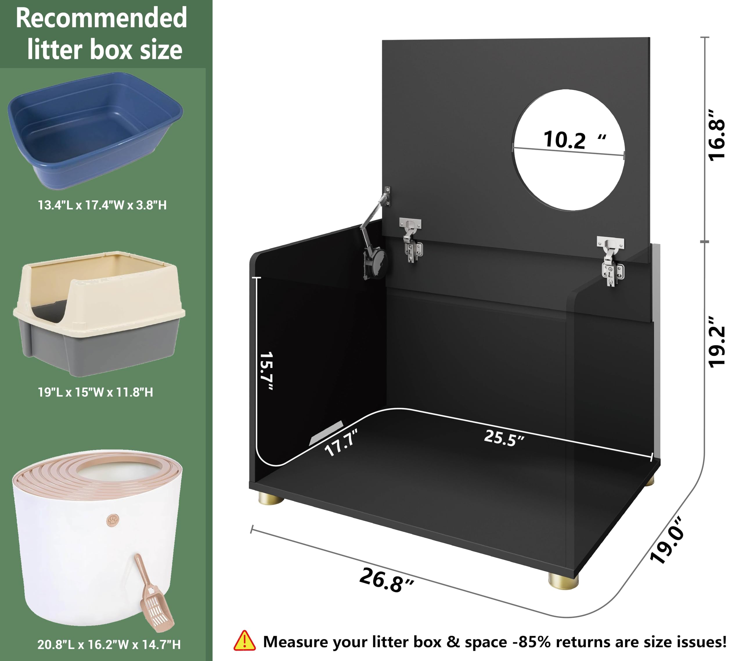 amunrbrek Top Entry Litter Box Enclosure, Modern Furniture, Engineered Wood, 26.8"L x 19"W x 19.2"H, Black, Model A105