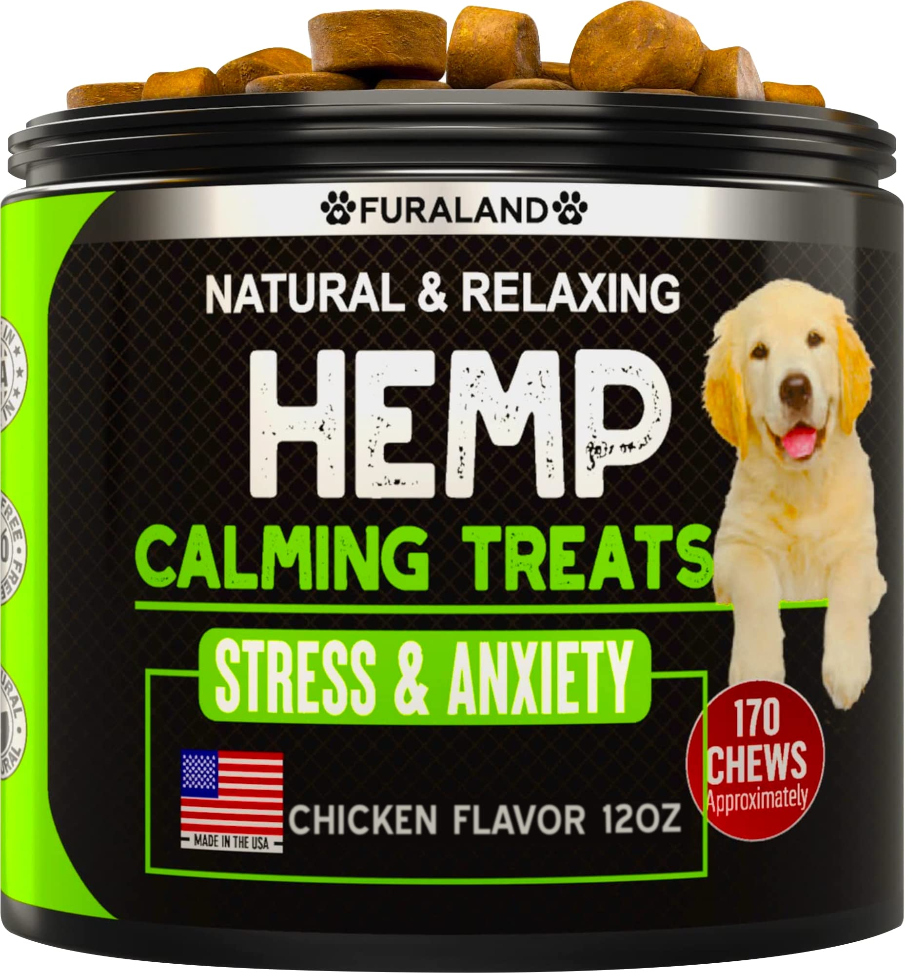 Hemp Calming Chews for Dogs with Anxiety and Stress - 170 Dog Calming Treats - Storms, Barking, Separation - Valerian Root - Mel