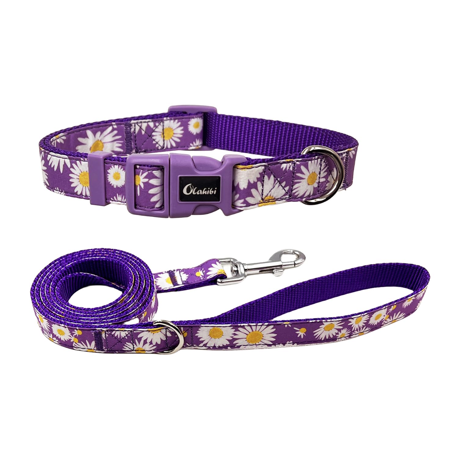 Olahibi Dog Collar Leash Set, Floral Pattern, Nylon Webbing Plus Cotton Ribbon, 5Ft Matching Leash, For Small Dogs.(S, Purple Da