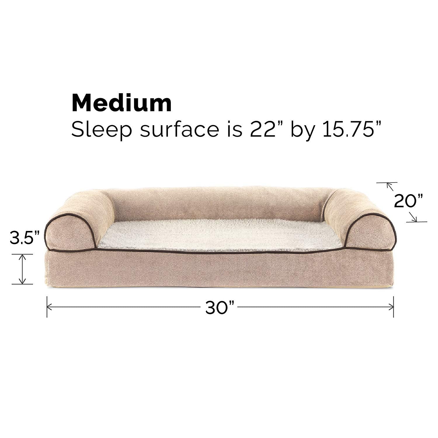 Furhaven Orthopedic Dog Bed For Medium/Small Dogs W/ Removable Bolsters & Washable Cover, For Dogs Up To 35 Lbs - Sherpa & Chenille Sofa - Cream, Medium