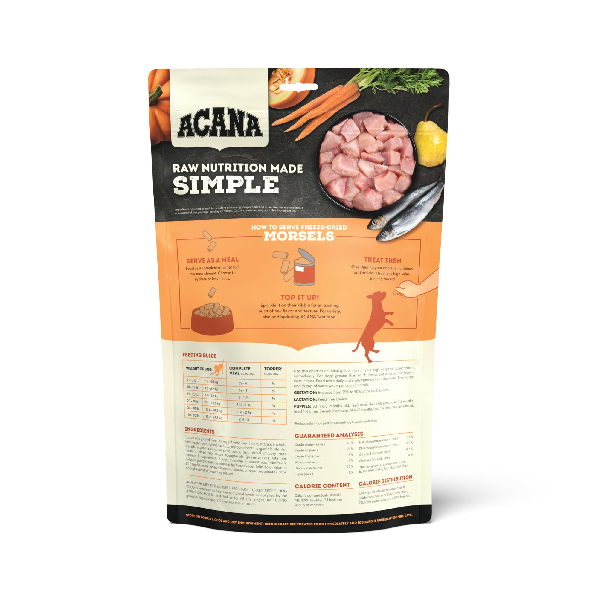 ACANA Grain-Free High Protein Freeze Dried Dog Food & Topper Free-Run Turkey Recipe Morsels 8oz Bag