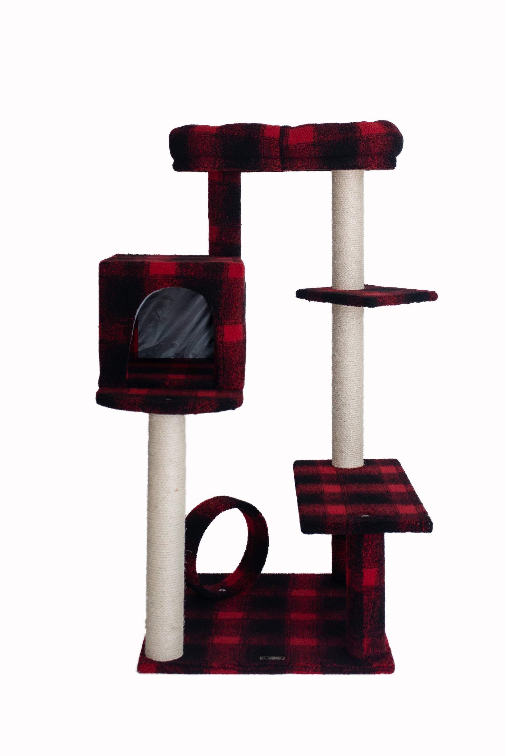 Armarkat Model B5008 50-Inch Real Wood Cat Tree With Veranda, Bench, Mini Perch, And Spacious Lounger In Scotch Plaid, Black/Red, 31''(L) X 28''(W) X 50''(H)