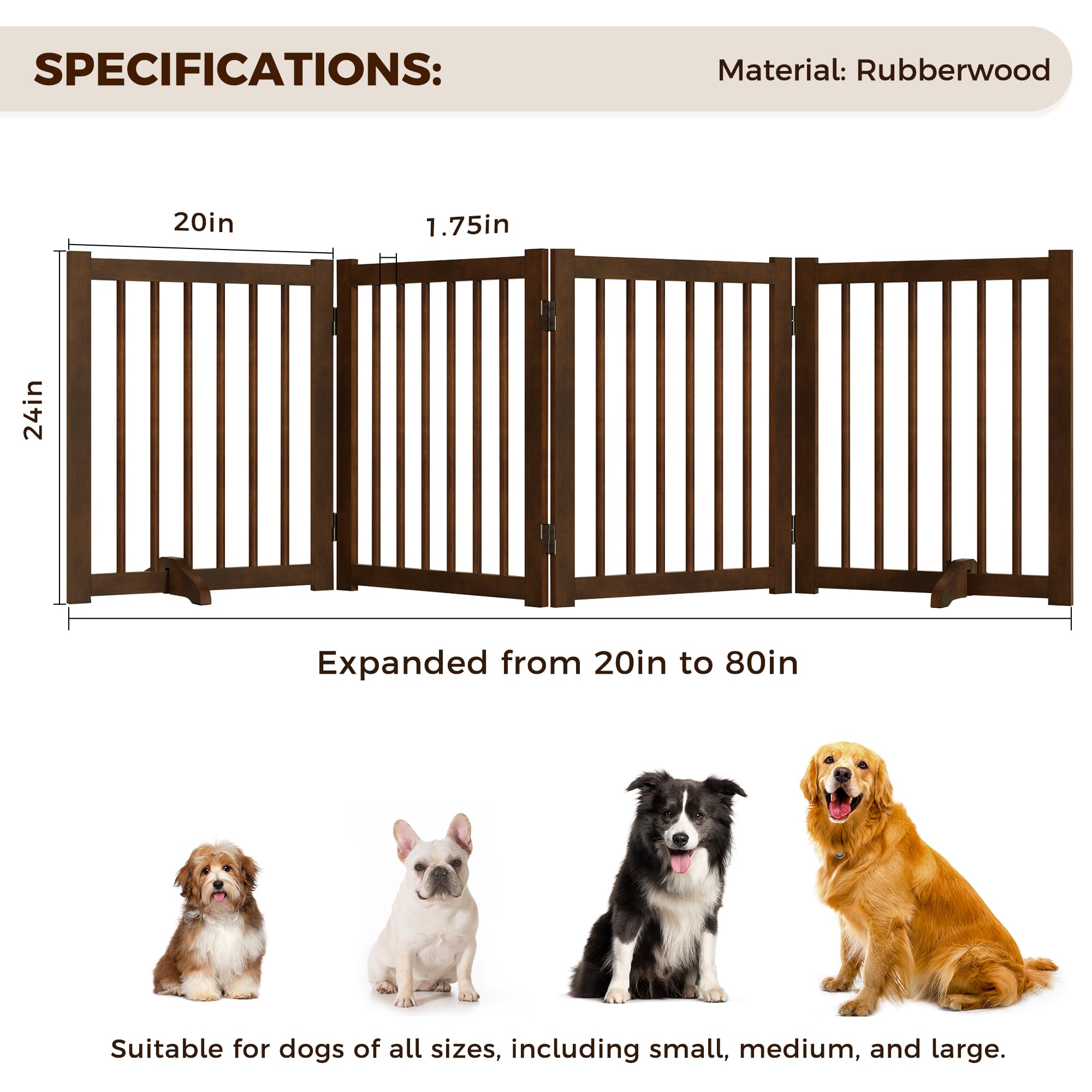 Solid Wood Freestanding Pet Gate - 4 Panels 24'' - Folding Safety Fence with 2 Support Feet - Ideal for Stairs, Doorways, Halls,