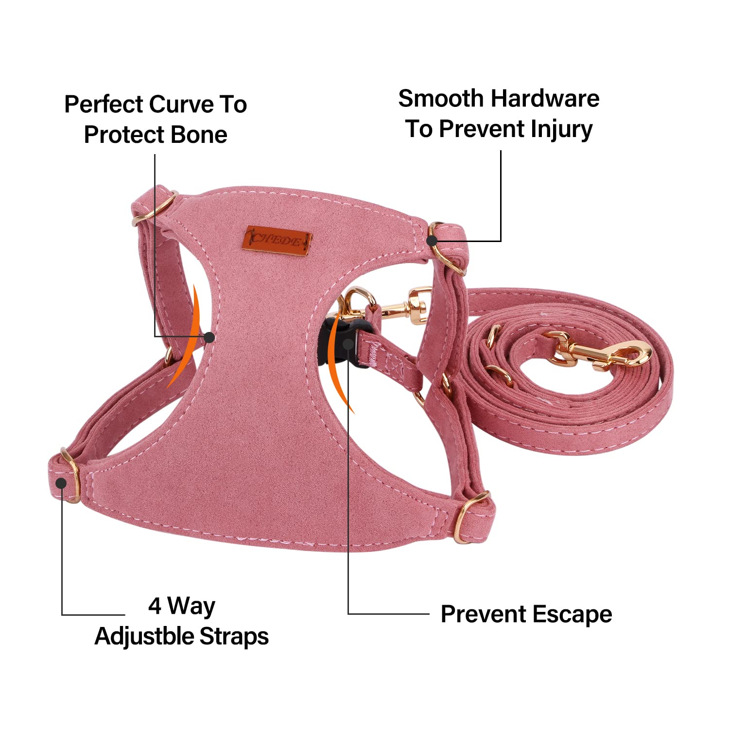 Chede No Pull Puppy Harness And Multifunction Dog Leash Set- 8 Colors Soft Adjustable No Choke Escape Proof Cute,Lightweight Pet Vest Harness For Small And Medium Dog (S, Antique Pink)
