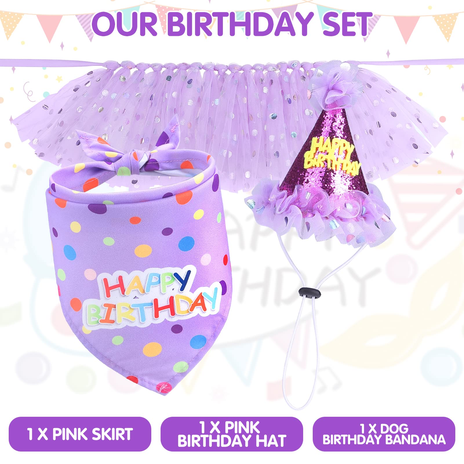 SCENEREAL Dog Birthday Bandana with Hat and Dress Girl Set, Large Dog Birthday Party Supplies, Cute Tutu Skirt Outfit for Medium