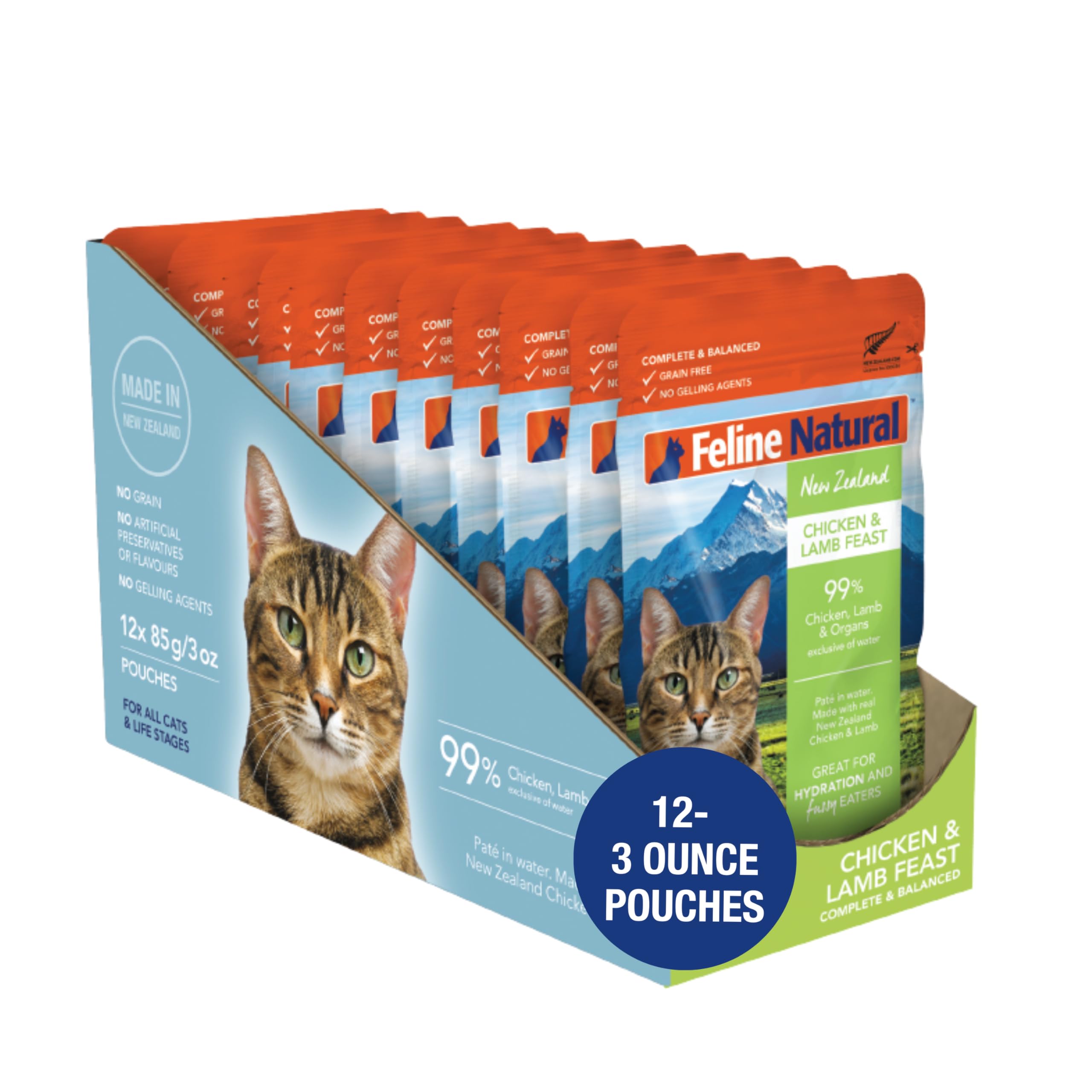 Feline Natural Wet Cat Food Variety Pack - Chicken, Lamb, Salmon & Beef Feast, Grain-Free, 3oz Pouches, New Zealand Made, Assort