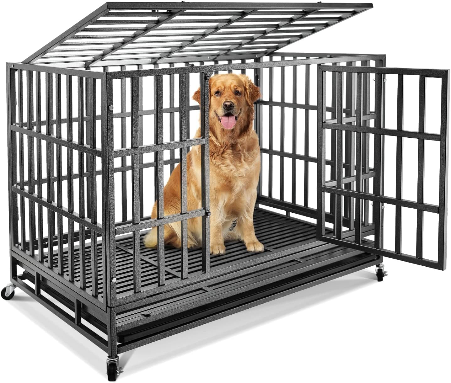 Confote 47Inch Heavy Duty Dog Kennel Strong Metal Dog Cage Pet Crate for Medium and Large Dogs with Four Lockable Wheels, Remove