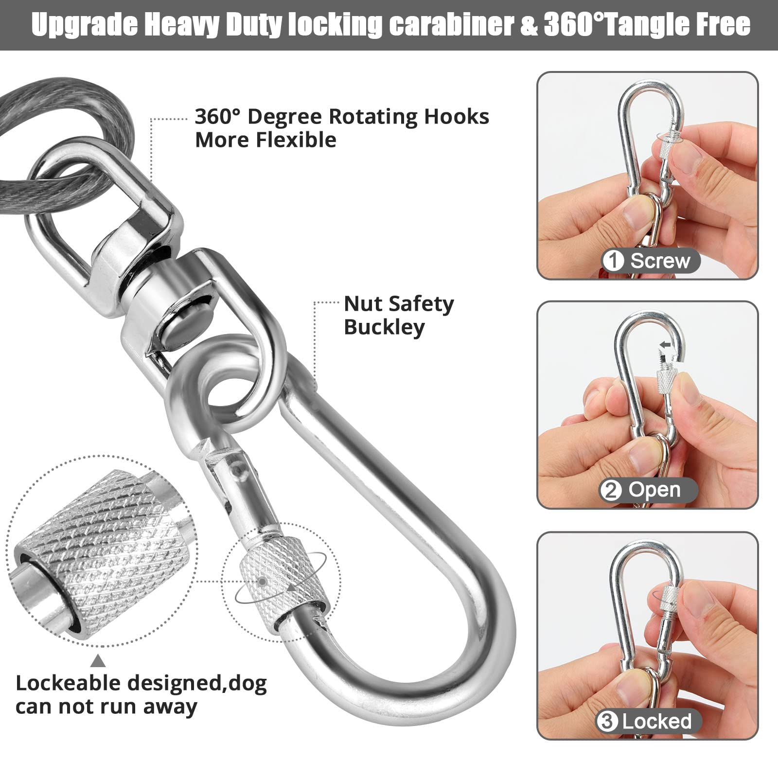 Jenico Dog Tie Out Cable - 10/15/20/30/40/50/70/100/150FT Runner Cable with Swivel Hook and Shock Spring, Outdoor Dog Leash Teth