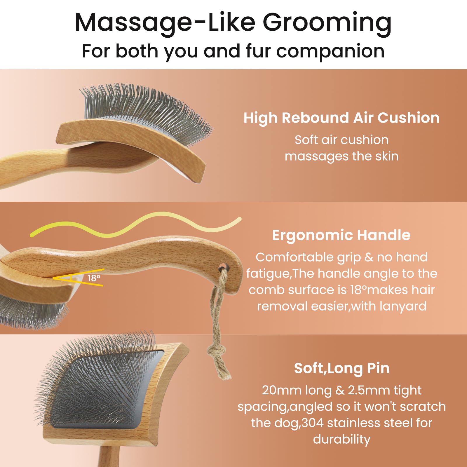 Bobopal Dog Slicker Brush for Long Haired Dogs, Ergonomic Beech Wood Handle, Size L, Ideal for Shedding and Tangle Removal