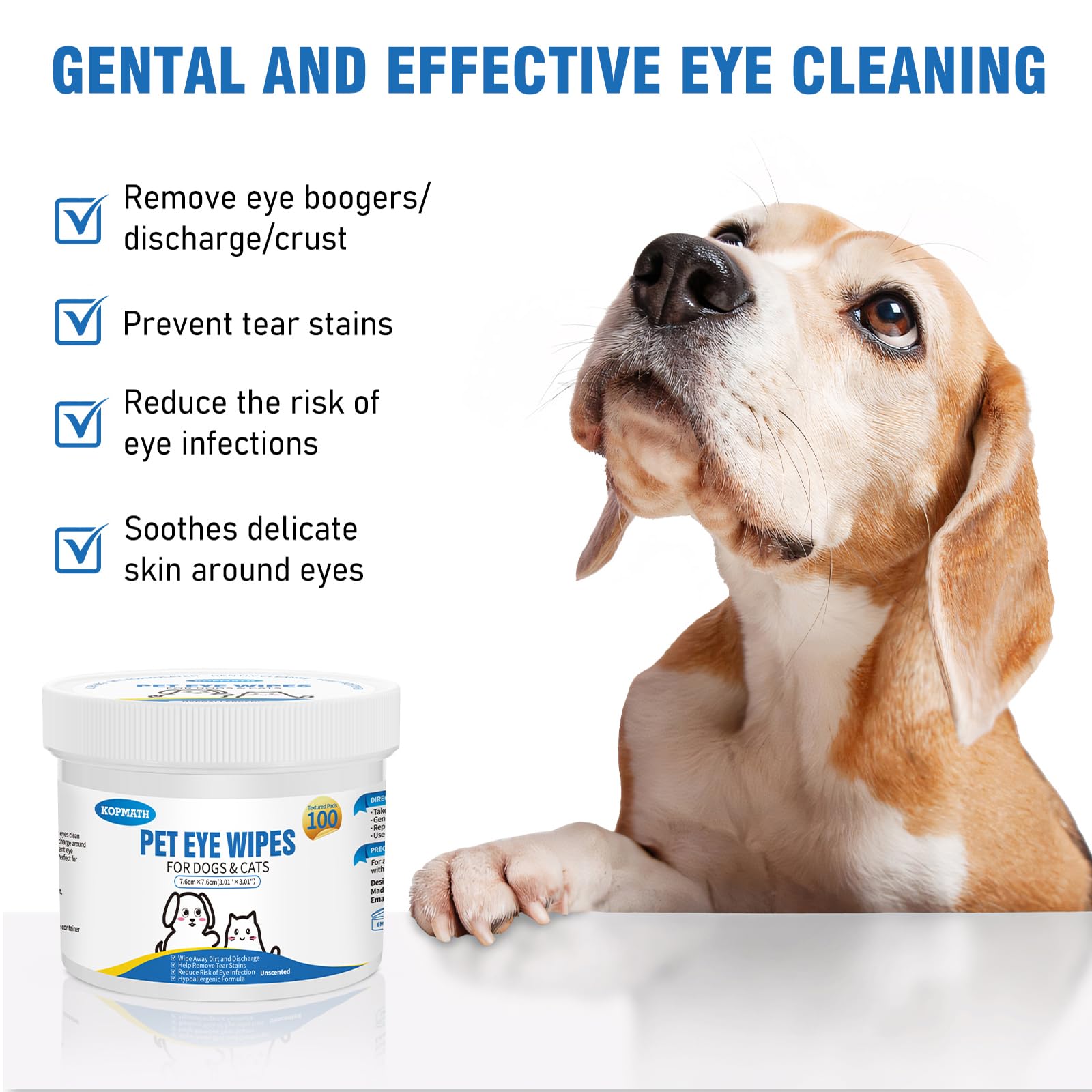 Kopmath Dog Eye Wipes - Tear Stain Cleaner, 100 Ct, Unscented, Big & Thick, Texturized Pads for Dogs & Cats